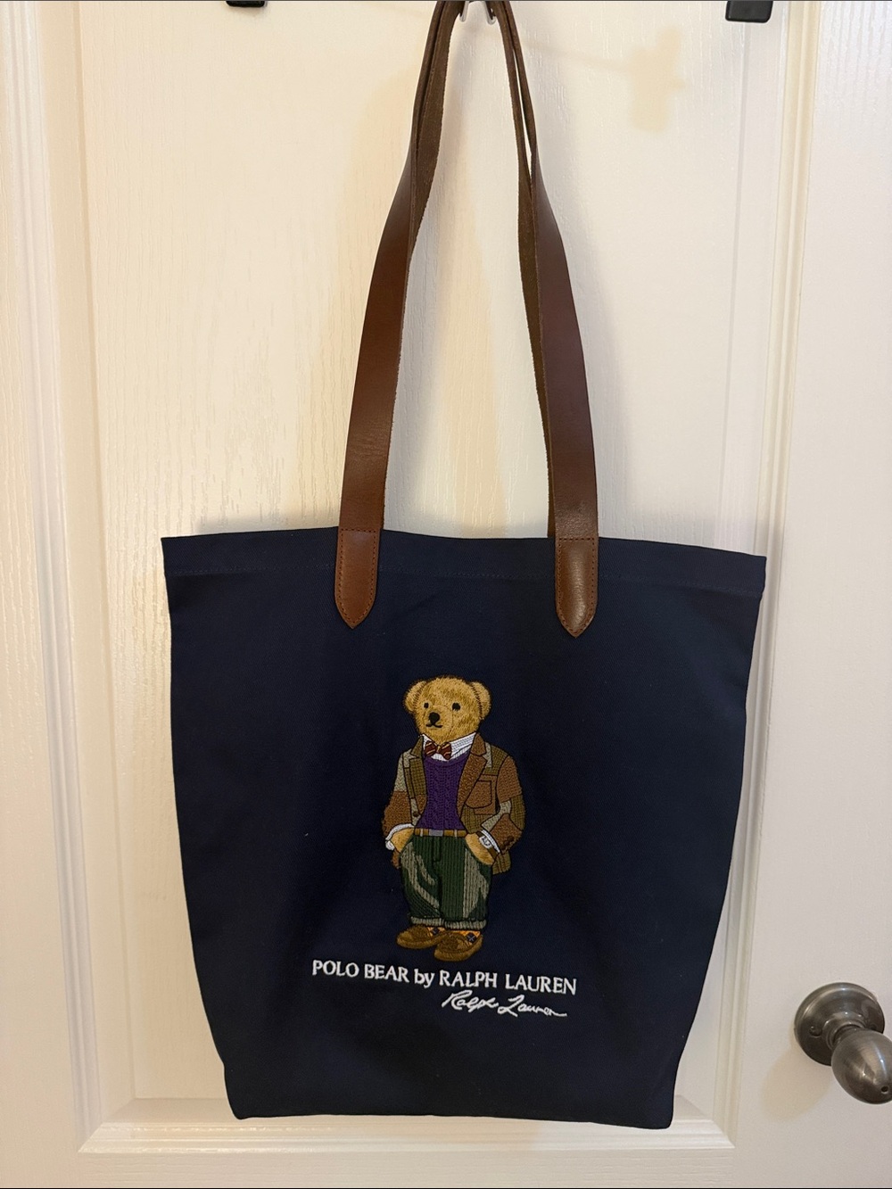 Ralph Lauren Navy Canvas Tote with Polo Bear and Brown genuine Leather Straps